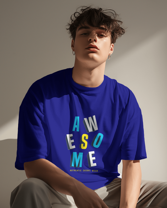 Men's Royal Blue AWESOME Graphic Printed Oversized T-shirt